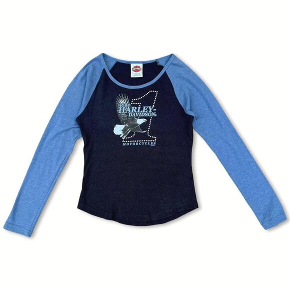 Y2K Harley Davidson Eagle Black & Blue Long Sleeve Top | Size Medium - Picture 1 of 7